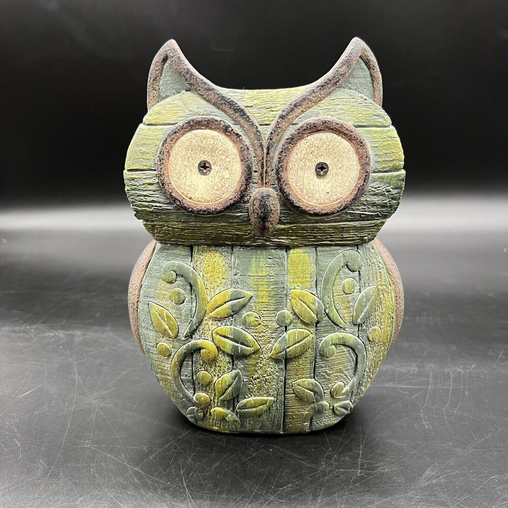 Faux Wood Carved Owl Resin Figurine Home Decor Green 7 1/2” H